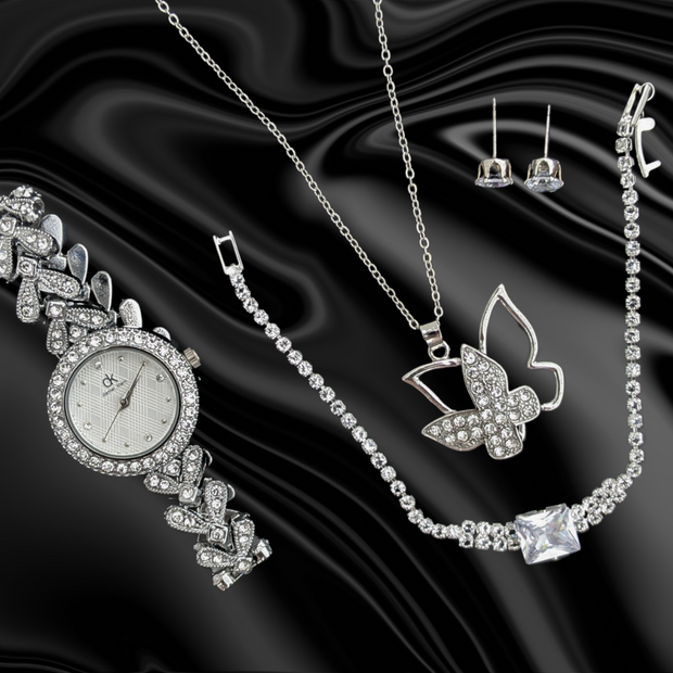 5 Pcs Jewellery Exquisite Sparkle: Butterfly Necklace, Rhinestone Bracelet, Earring Set, Sleek Design Rhinestone Watch