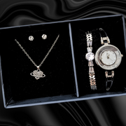 5 PCS Opulent Heartbeat Jewelry Set: Heart Necklace, Rhinestone Bracelet, Earrings & Silver Luxe Watch