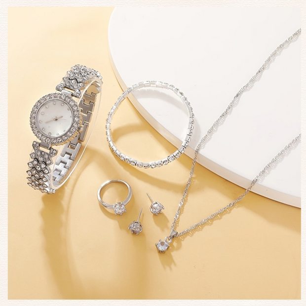 6PCS Set Luxury Watch Women Ring Necklace Earring Rhinestone Fashion Wristwatch Casual Ladies Watches Bracelet Set Clock